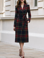 Plaid Wool‑Blend Wrap Midi Coat With Self‑Tie Belt