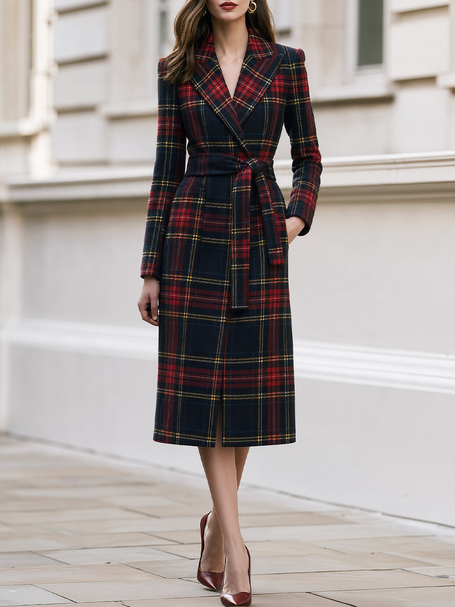 Plaid Wool‑Blend Wrap Midi Coat With Self‑Tie Belt