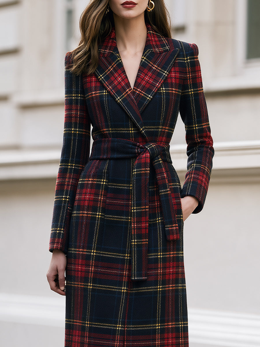 Plaid Wool‑Blend Wrap Midi Coat With Self‑Tie Belt
