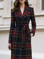 Plaid Wool‑Blend Wrap Midi Coat With Self‑Tie Belt
