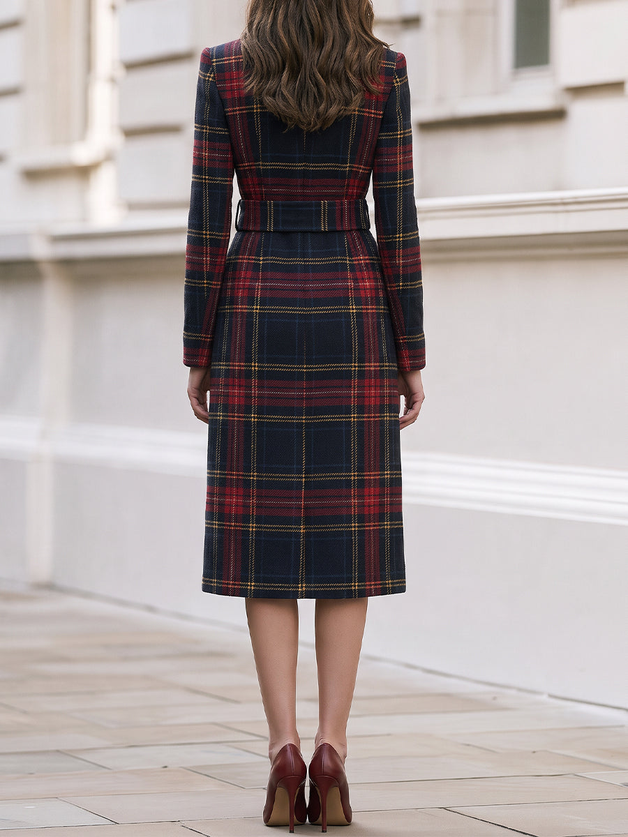 Plaid Wool‑Blend Wrap Midi Coat With Self‑Tie Belt