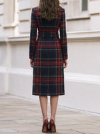 Plaid Wool‑Blend Wrap Midi Coat With Self‑Tie Belt