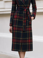Plaid Wool‑Blend Wrap Midi Coat With Self‑Tie Belt