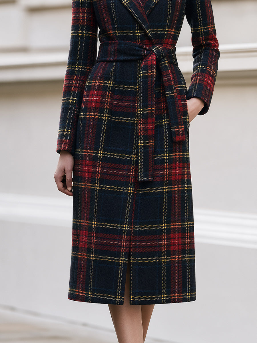 Plaid Wool‑Blend Wrap Midi Coat With Self‑Tie Belt