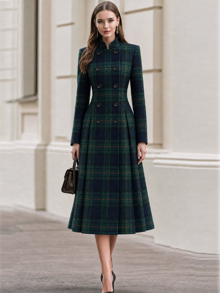 Plaid Wool‑Blend Double‑Breasted Fit‑and‑Flare Midi Coat