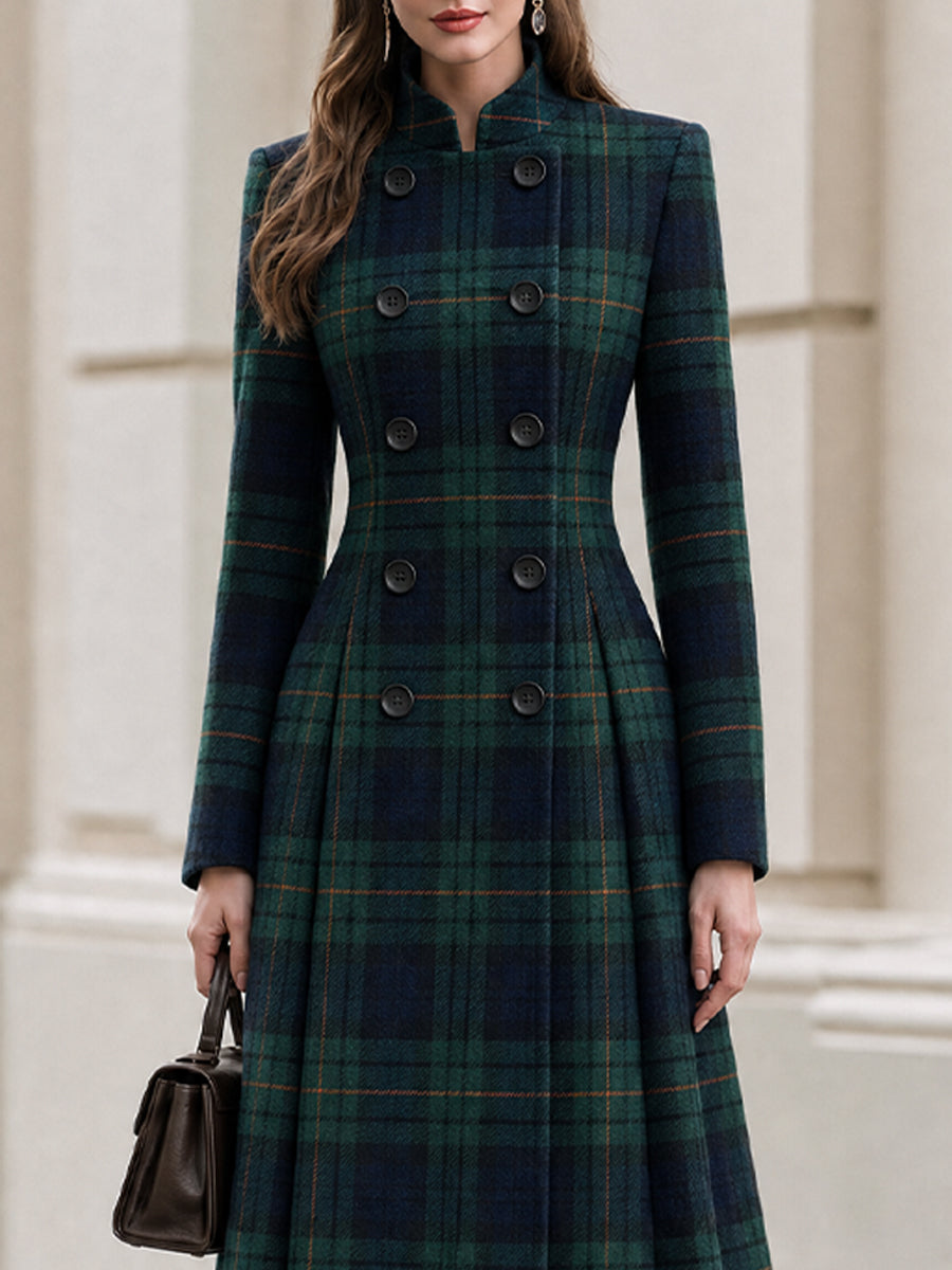 Plaid Wool‑Blend Double‑Breasted Fit‑and‑Flare Midi Coat