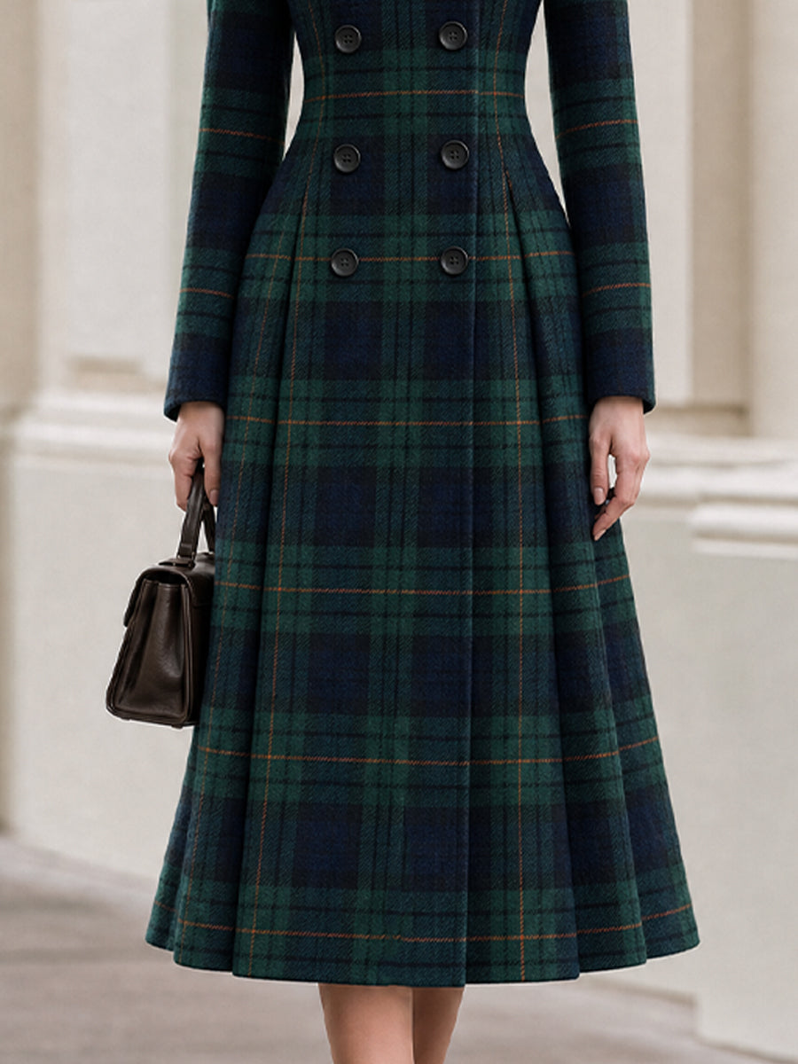 Plaid Wool‑Blend Double‑Breasted Fit‑and‑Flare Midi Coat