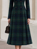 Plaid Wool‑Blend Double‑Breasted Fit‑and‑Flare Midi Coat