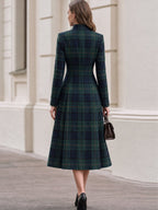Plaid Wool‑Blend Double‑Breasted Fit‑and‑Flare Midi Coat