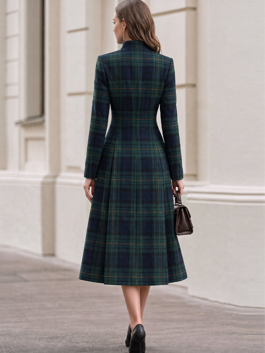 Plaid Wool‑Blend Double‑Breasted Fit‑and‑Flare Midi Coat