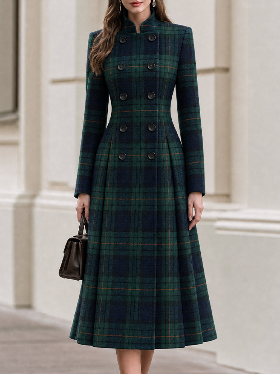 Plaid Wool‑Blend Double‑Breasted Fit‑and‑Flare Midi Coat