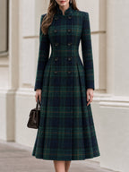 Plaid Wool‑Blend Double‑Breasted Fit‑and‑Flare Midi Coat