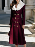 Faux Fur Collar Double-Breasted Belted A-Line Midi Coat