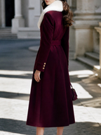 Faux Fur Collar Double-Breasted Belted A-Line Midi Coat