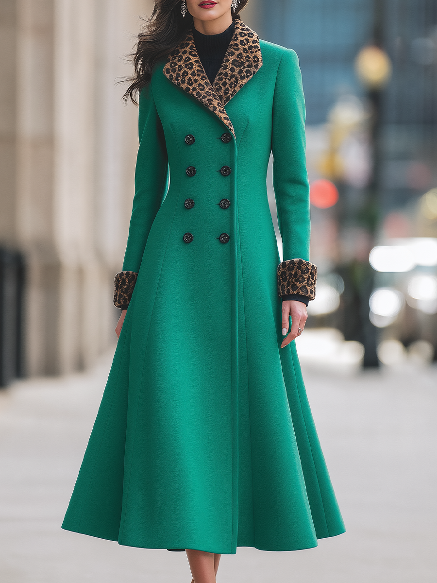 Emerald Green Leopard Print Collar Double-Breasted Fit-and-Flare Long Coat
