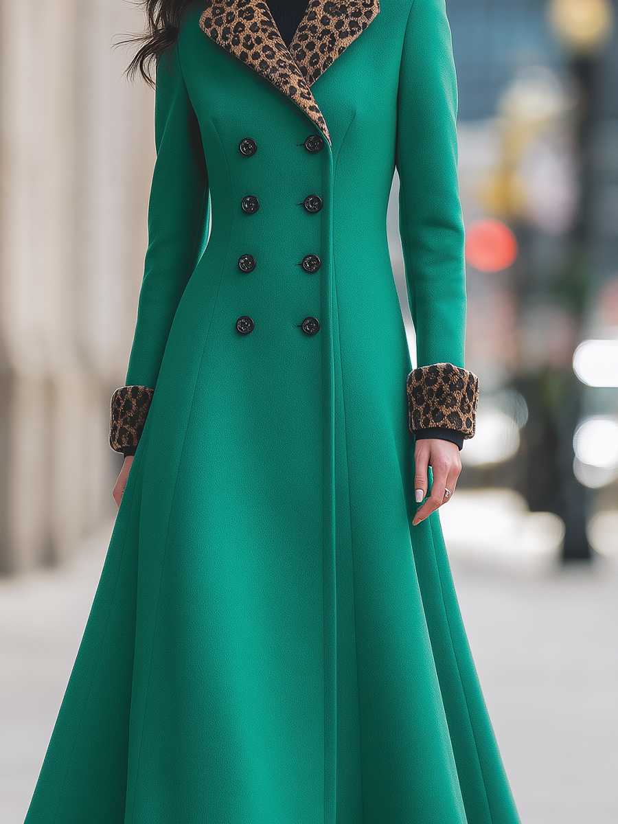 Emerald Green Leopard Print Collar Double-Breasted Fit-and-Flare Long Coat