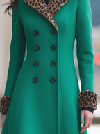 Emerald Green Leopard Print Collar Double-Breasted Fit-and-Flare Long Coat