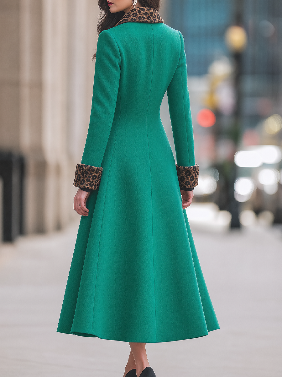 Emerald Green Leopard Print Collar Double-Breasted Fit-and-Flare Long Coat