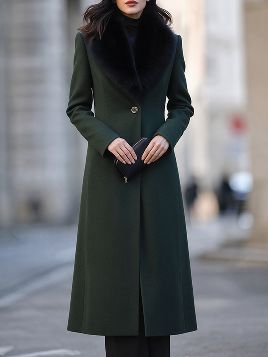 Dark Green Faux Fur Collar Single-Button Fit-and-Flare Long Coat