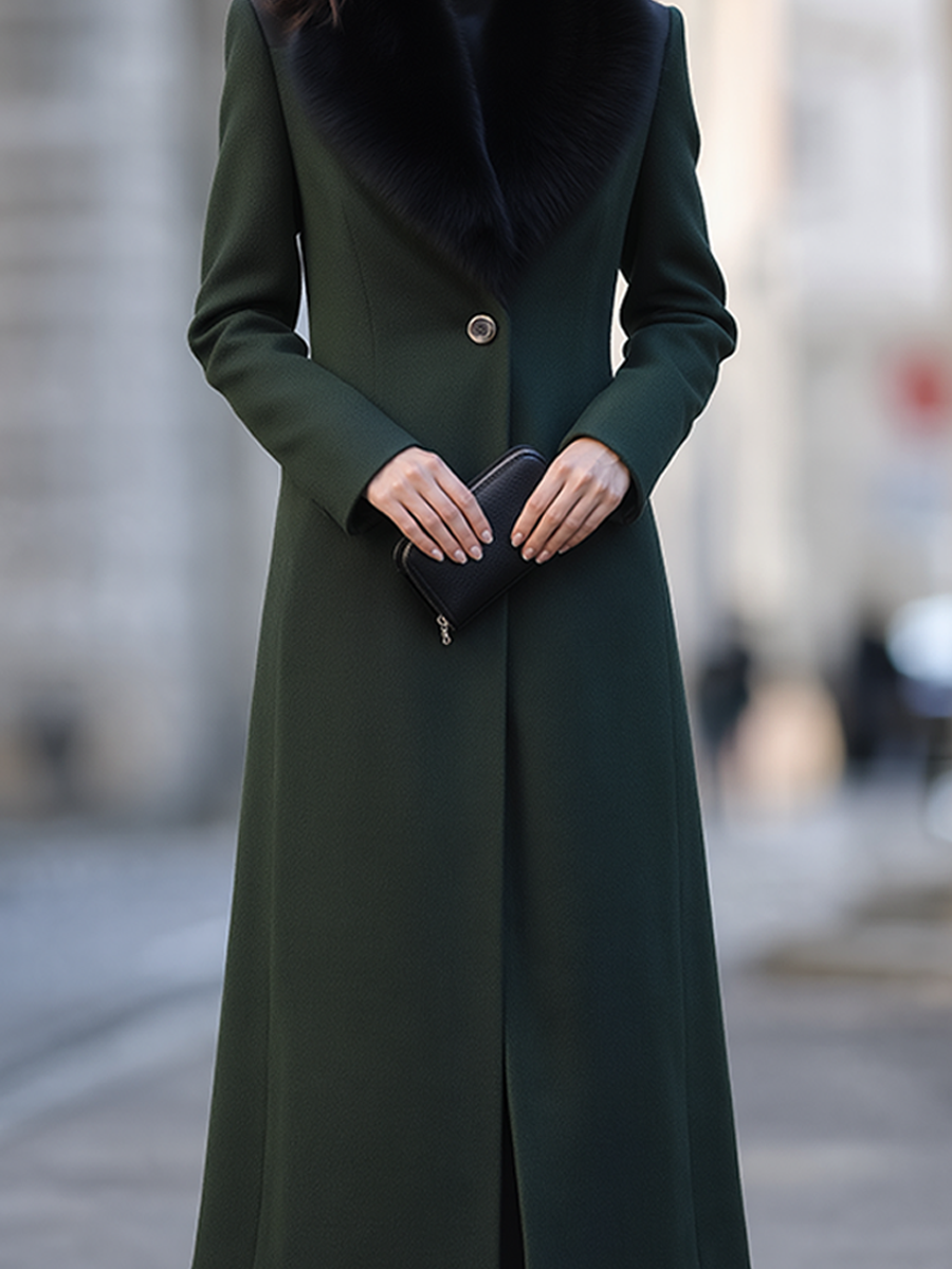 Dark Green Faux Fur Collar Single-Button Fit-and-Flare Long Coat