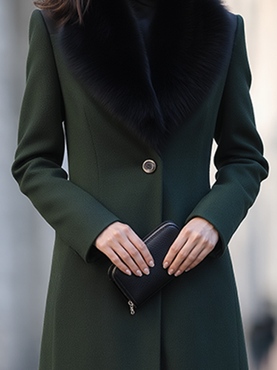 Dark Green Faux Fur Collar Single-Button Fit-and-Flare Long Coat