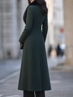Dark Green Faux Fur Collar Single-Button Fit-and-Flare Long Coat