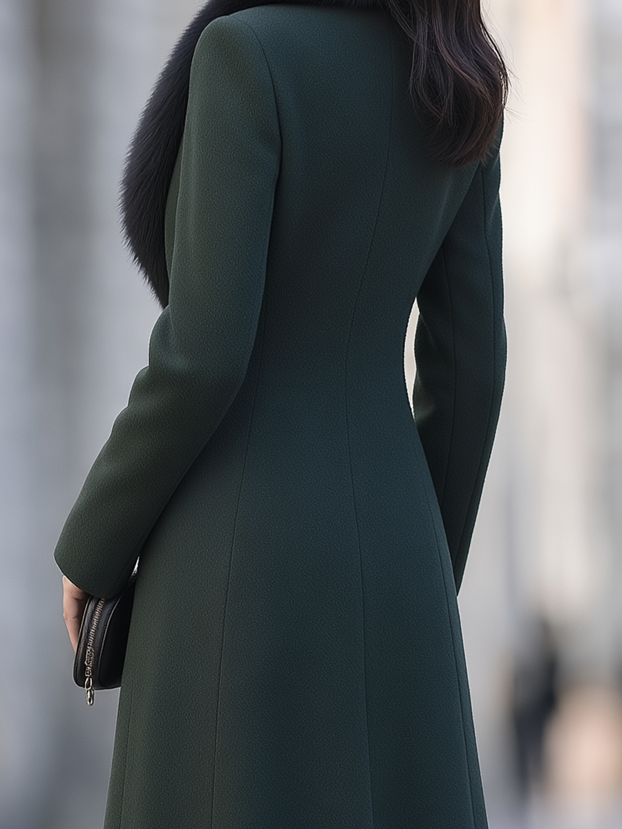 Dark Green Faux Fur Collar Single-Button Fit-and-Flare Long Coat