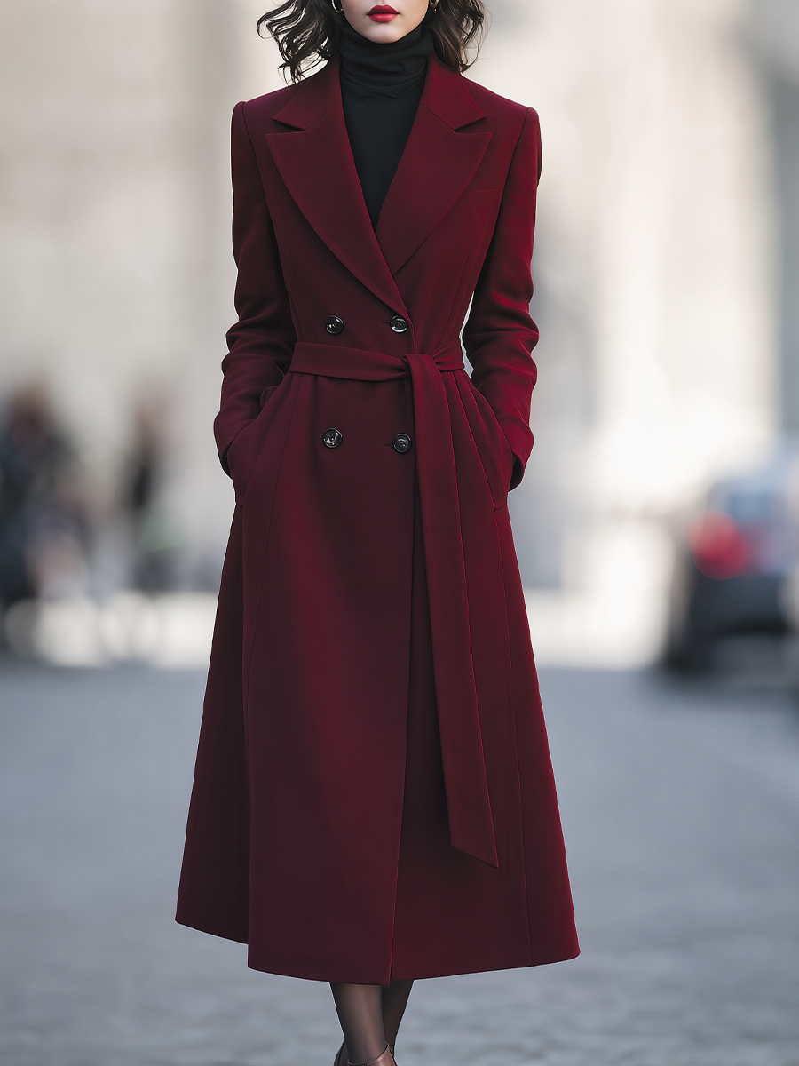 Burgundy Notched Lapel Double-Breasted Belted A-Line Long Coat