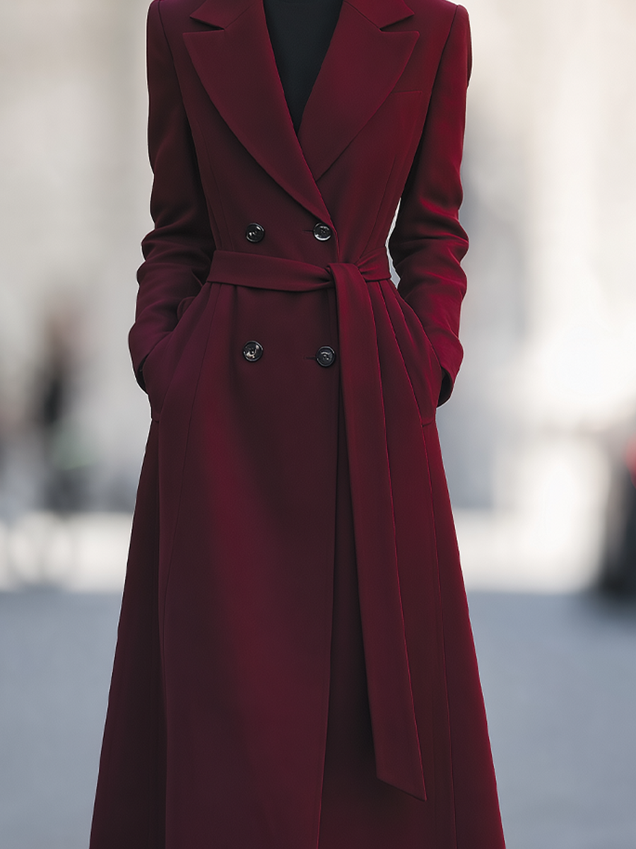 Burgundy Notched Lapel Double-Breasted Belted A-Line Long Coat