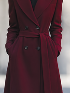Burgundy Notched Lapel Double-Breasted Belted A-Line Long Coat