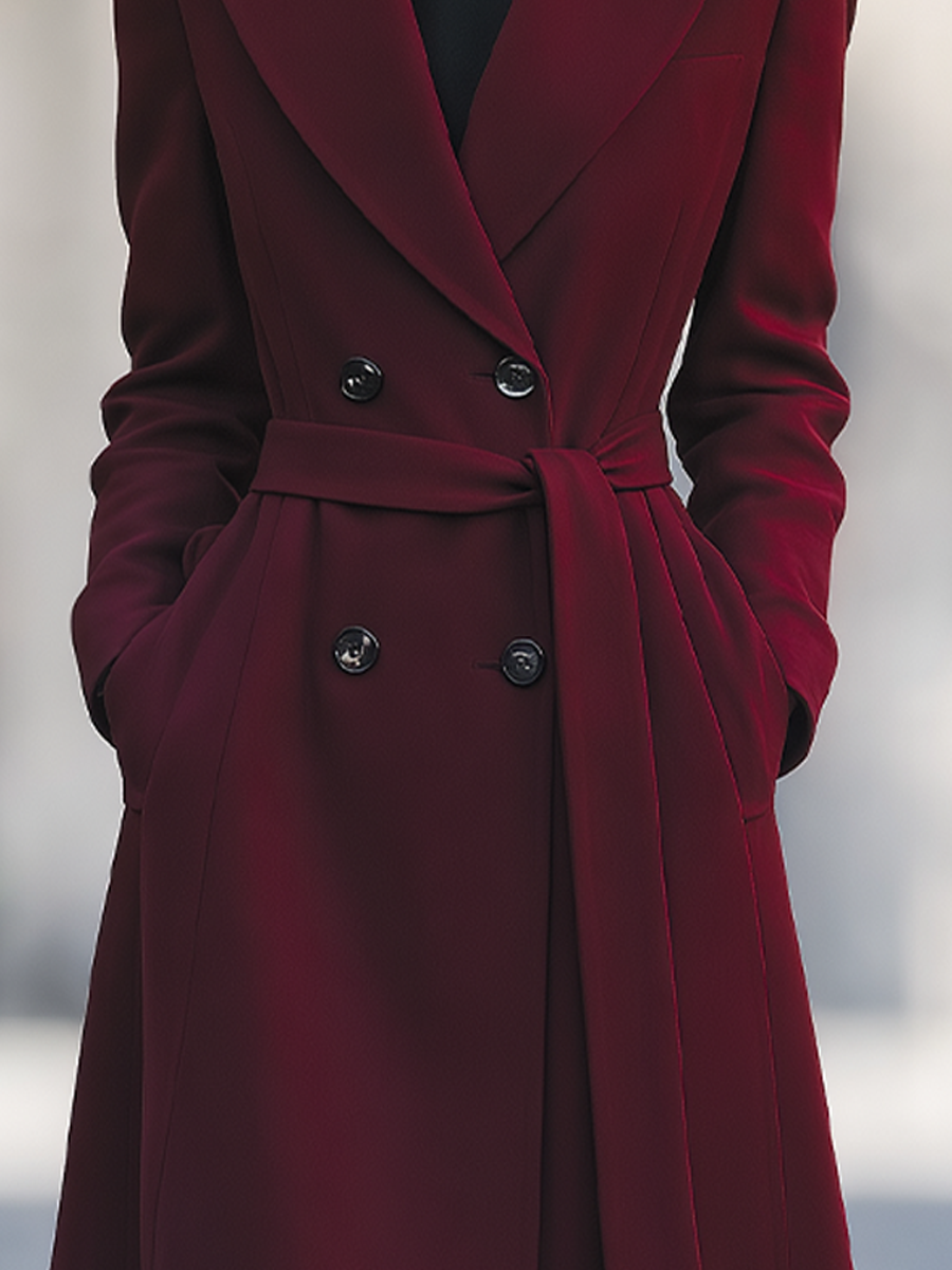 Burgundy Notched Lapel Double-Breasted Belted A-Line Long Coat