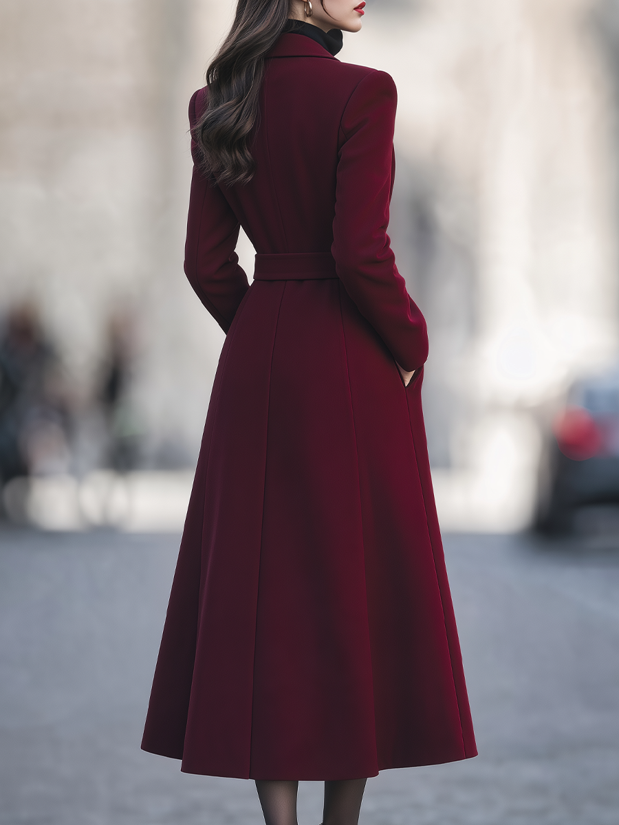 Burgundy Notched Lapel Double-Breasted Belted A-Line Long Coat