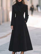 Black Notched Lapel Corset-Waist Double-Breasted A-Line Maxi Coat