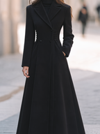 Black Notched Lapel Corset-Waist Double-Breasted A-Line Maxi Coat
