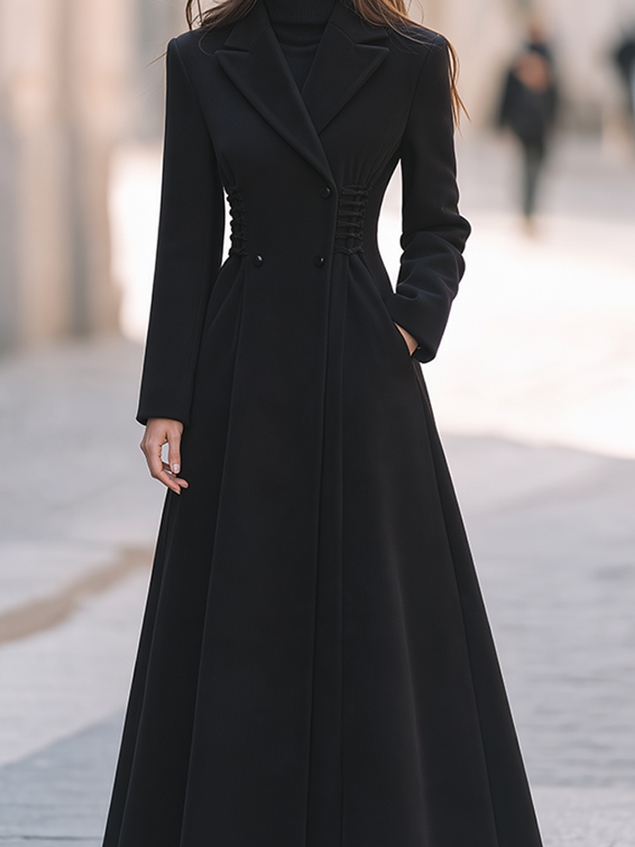Black Notched Lapel Corset-Waist Double-Breasted A-Line Maxi Coat