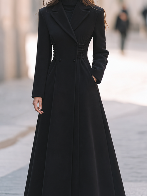 Black Notched Lapel Corset-Waist Double-Breasted A-Line Maxi Coat