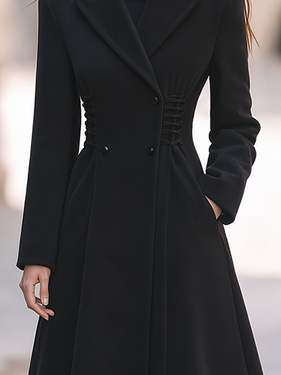Black Notched Lapel Corset-Waist Double-Breasted A-Line Maxi Coat