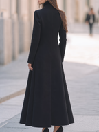 Black Notched Lapel Corset-Waist Double-Breasted A-Line Maxi Coat