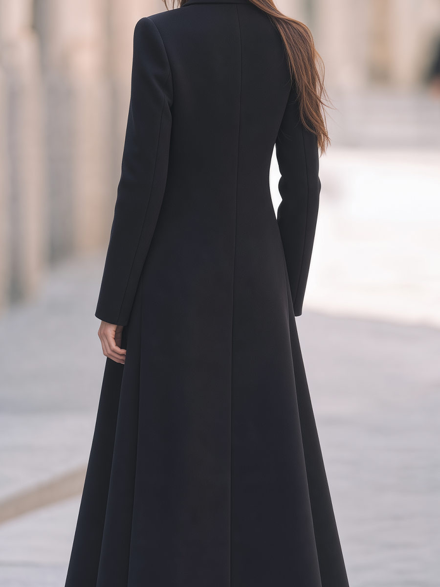 Black Notched Lapel Corset-Waist Double-Breasted A-Line Maxi Coat