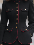 Black Red Piping Gold Button Stand Collar Military Tailored Jacket
