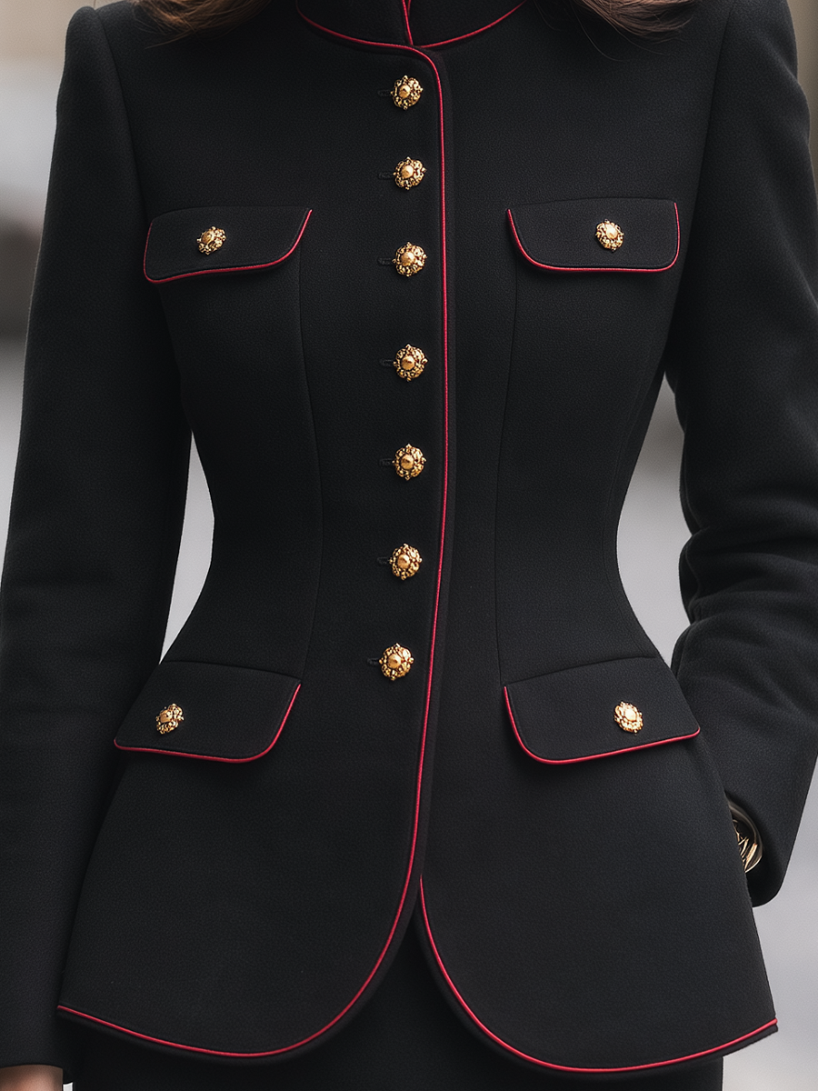 Black Red Piping Gold Button Stand Collar Military Tailored Jacket