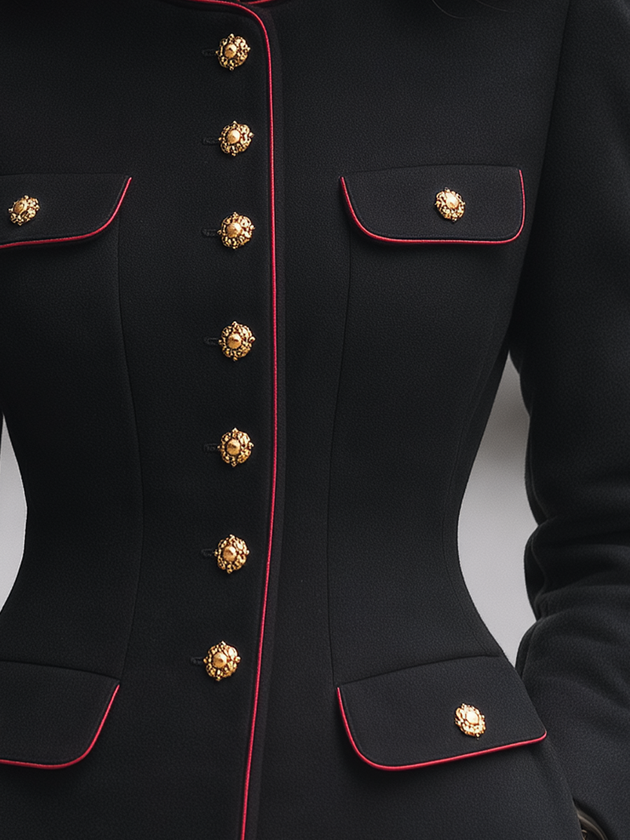Black Red Piping Gold Button Stand Collar Military Tailored Jacket