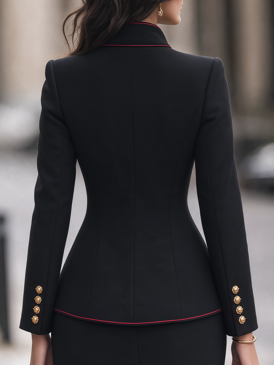 Black Red Piping Gold Button Stand Collar Military Tailored Jacket