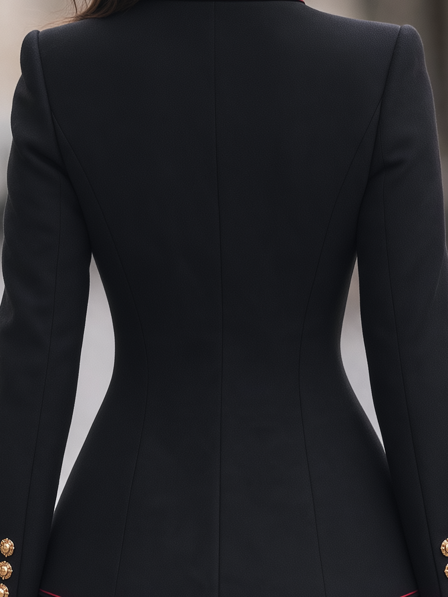 Black Red Piping Gold Button Stand Collar Military Tailored Jacket