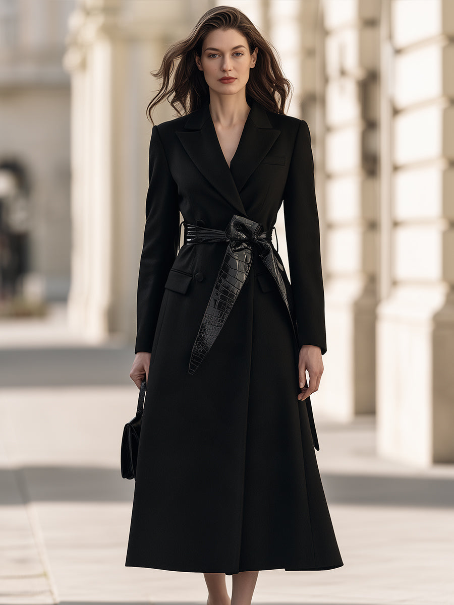 Double-Breasted Longline Coat With Croc-Effect Tie Belt