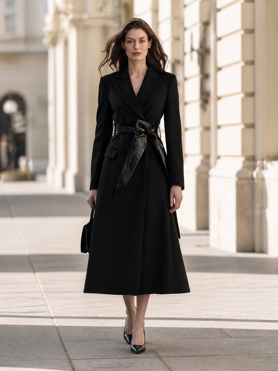 Double-Breasted Longline Coat With Croc-Effect Tie Belt