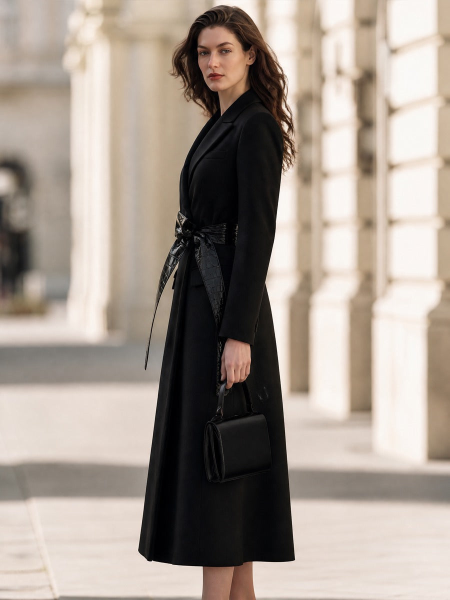 Double-Breasted Longline Coat With Croc-Effect Tie Belt