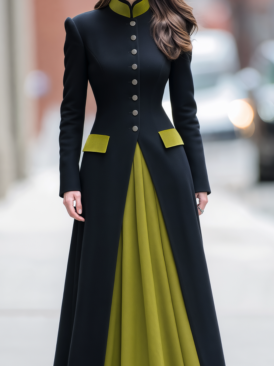 Black Chartreuse Contrast Stand Collar Long Coat & Sleeveless Maxi Dress Two-Piece Set