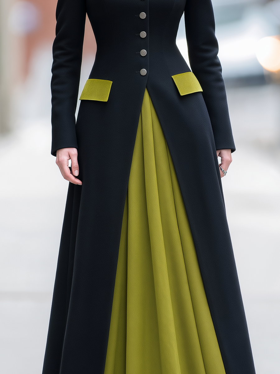 Black Chartreuse Contrast Stand Collar Long Coat & Sleeveless Maxi Dress Two-Piece Set
