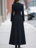 Black Chartreuse Contrast Stand Collar Long Coat & Sleeveless Maxi Dress Two-Piece Set